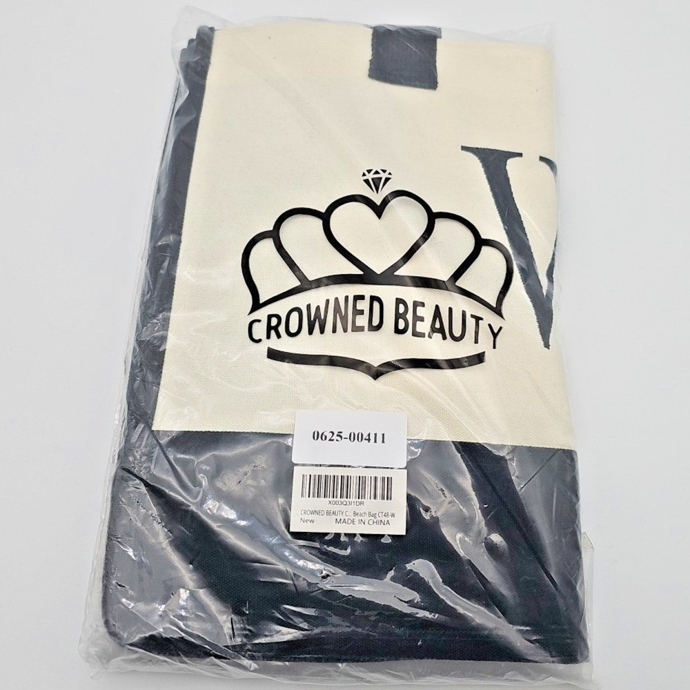 Crowned Beauty W Monogram Canvas Tote Bag Beach Travel Handbag Large White Black
